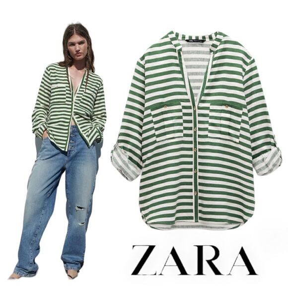 Zara Tops - ZARA | Ecru / Khaki | LINEN BLEND TAB SLEEVE SHIRT